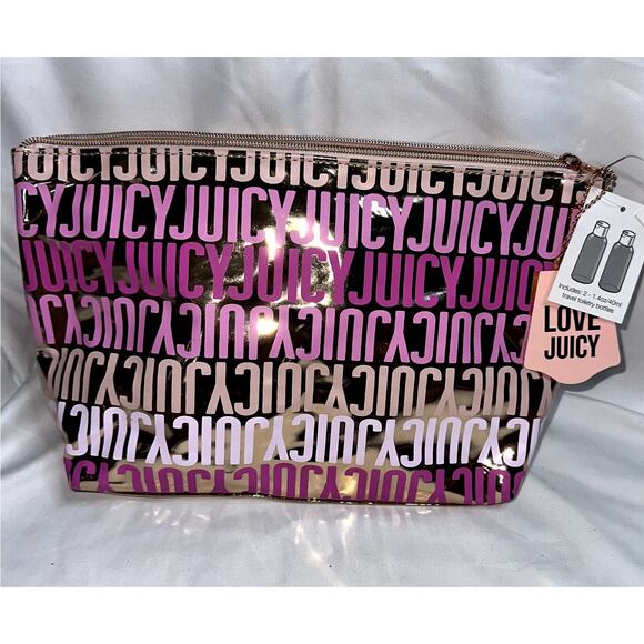 Juicy Couture Makeup Pyramid Beauty Bag Rose Gold Monogram TSA Travel Bottles - Picture 1 of 7